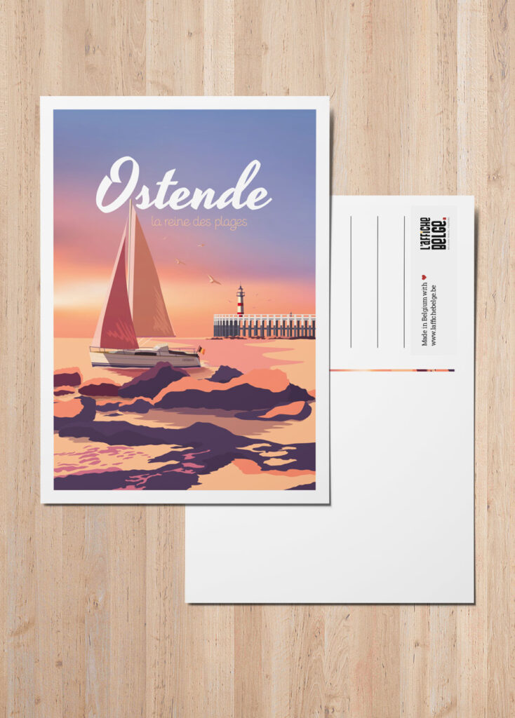 Postcard Belgium beach Ostend lighthouse boat seaside belgian coast